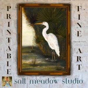 In the Marsh ~ Coastal wildlife art of an egret on the shore of the salt marsh. Marshlands bird art. Ocean marine nature painting.