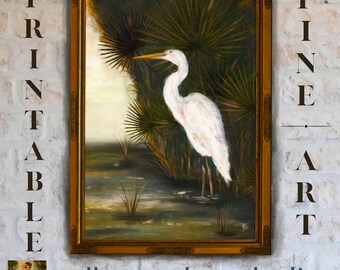Impresión artística costera de garceta: pintura de aves de pantano (descarga digital)