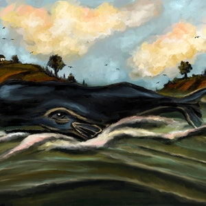 Whimsical nautical folk art of a sperm whale swimming in the sea. Instant download to print on canvas.