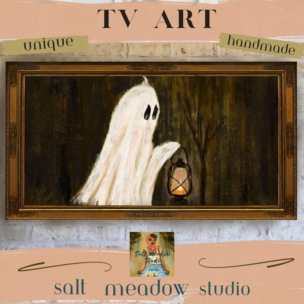 Frame Tv Ghost ~  Halloween  Tv Art~ Cute Ghost with a Lantern ~ Halloween Art for the Tv ~ Frame TV Art Halloween ~ Unique Ghost Art