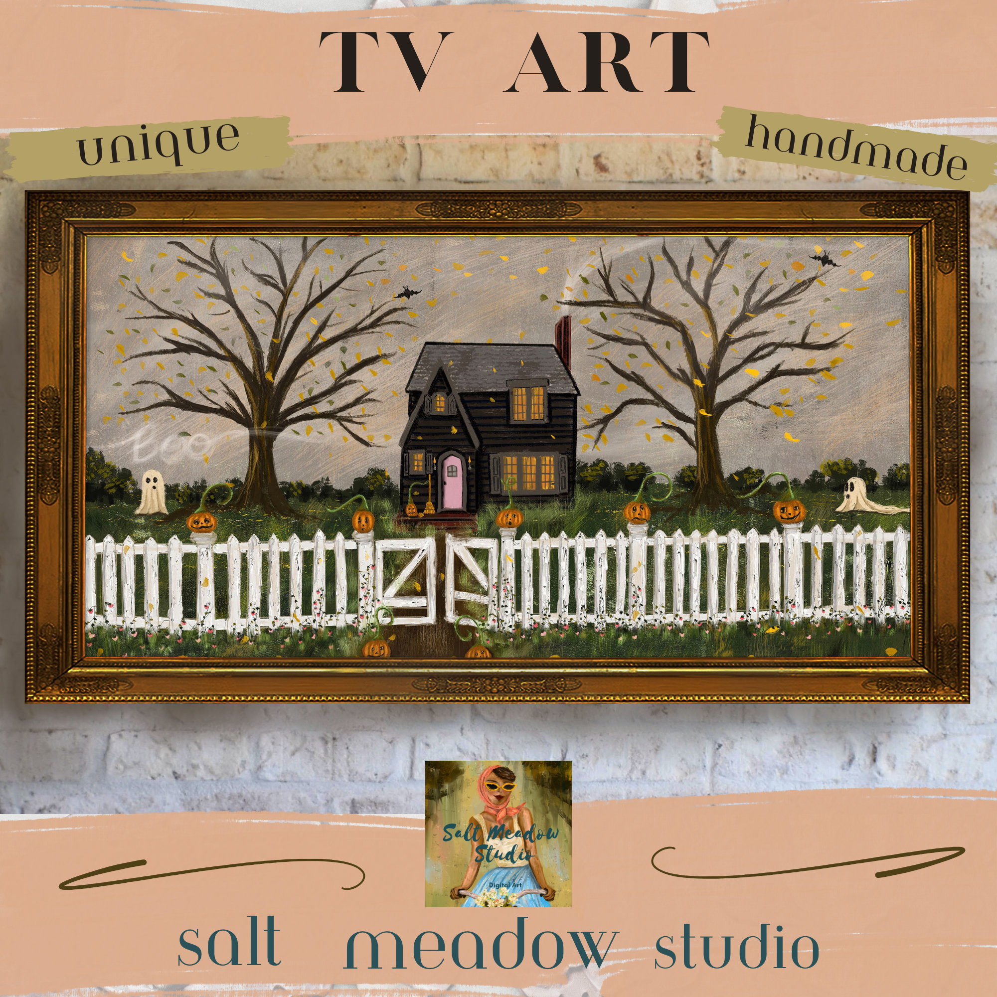 Halloween Cottage Frame TV Art: Whimsical Autumn Scene (Digital Download)