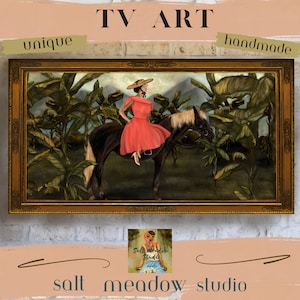 May include: A painting of a woman in a red dress riding a horse through a lush green jungle. The painting is framed in a gold frame and has a vintage feel. The painting is titled "TV Art" and is signed "Salt Meadow Studio".
