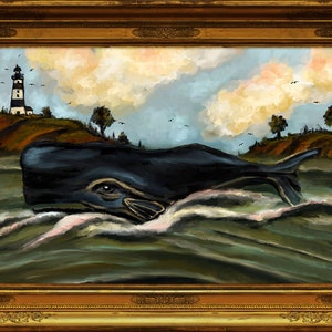 May include: A painting of a black whale breaching the water with a lighthouse in the background. The sky is blue with white clouds and there are birds flying in the air.