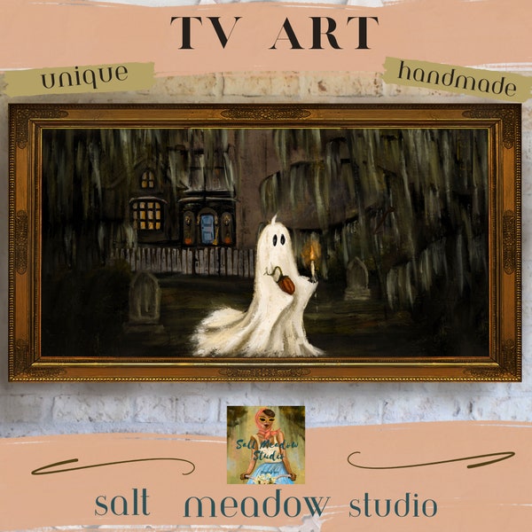 Frame TV Art Ghost ~ Ghost Art for the TV ~ Cute Ghost Download ~ Ghost holding a candle and a pumpkin ~ Frame Tv Art Halloween ~ Samsung 4K