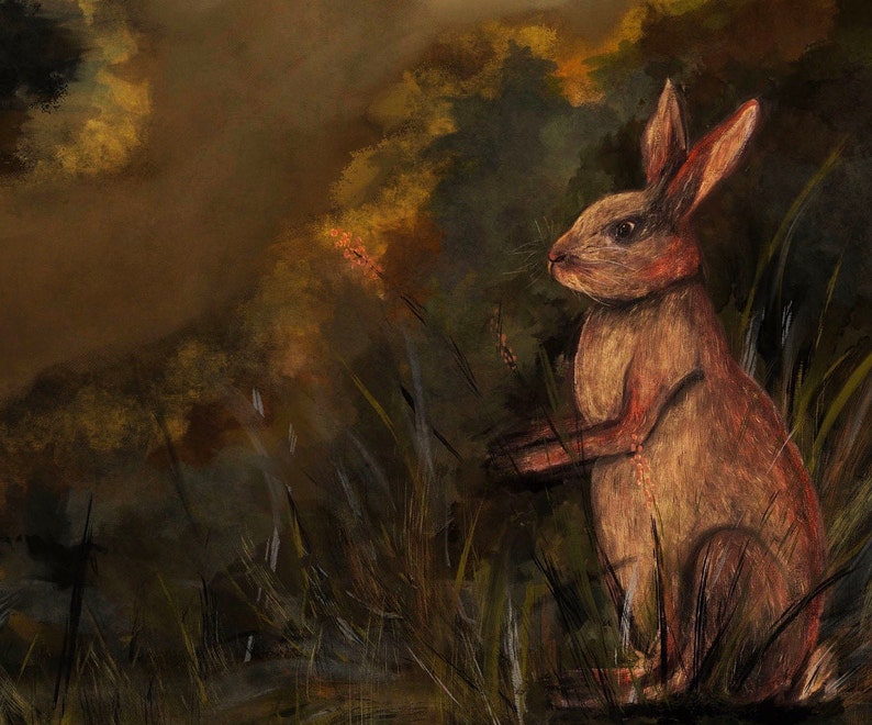 May include: A brown rabbit sits in tall grass, looking to the right. The background is a blurry, dark green and brown.