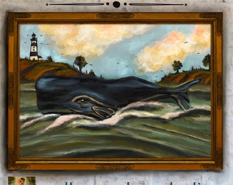 Whale Folk Art Print: Vintage Nautical Seascape (Digital Download)