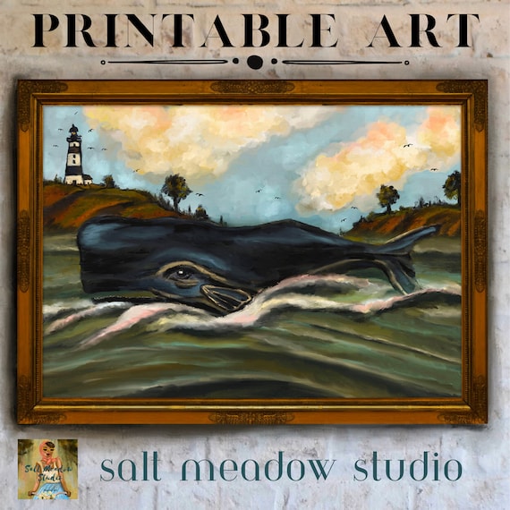 Whale Folk Art Print: Vintage Nautical Seascape (Digital Download)