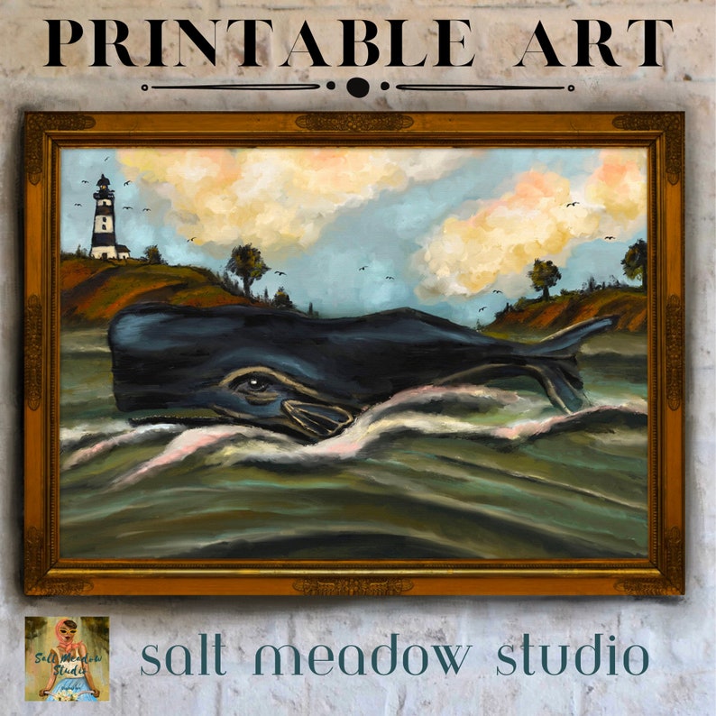 May include: A painting of a whale swimming in the ocean with a lighthouse in the background. The painting is framed in a gold frame and has a blue, green, and white color scheme. The painting is titled "salt meadow studio".