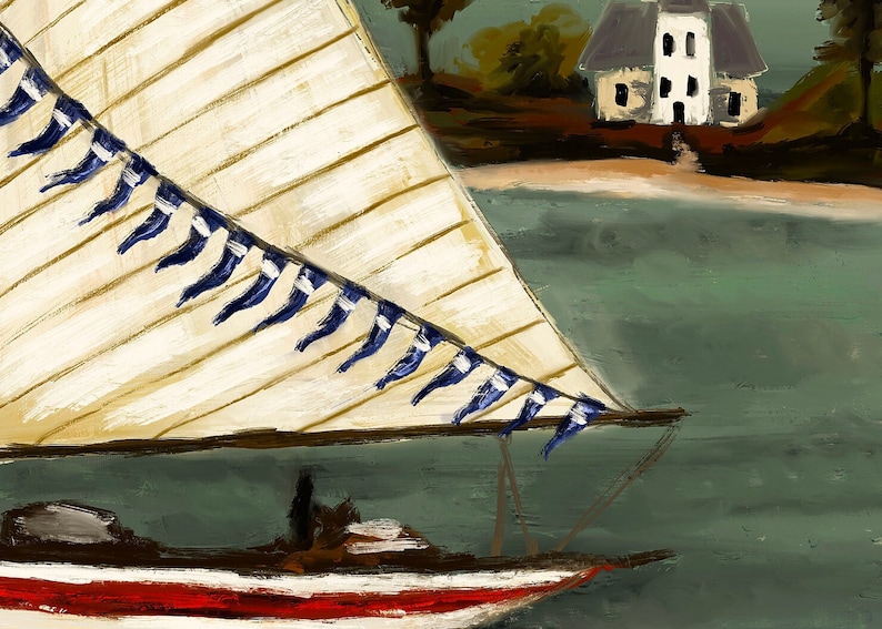 Puede incluir: Un velero blanco con una cuerda de banderines azules y blancos colgando del m&aacute;stil. El velero est&aacute; en el agua con un fondo verde. Una casa blanca con un techo gris es visible en el fondo.