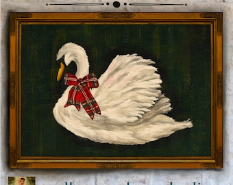 Christmas Swan Art Print: Red Plaid Bow (Digital Download)