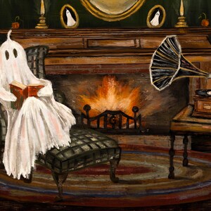 May include: A white ghost wearing a sheet sits in a plaid armchair reading a book in front of a fireplace with a roaring fire. A vintage gramophone sits on a table to the right of the fireplace.