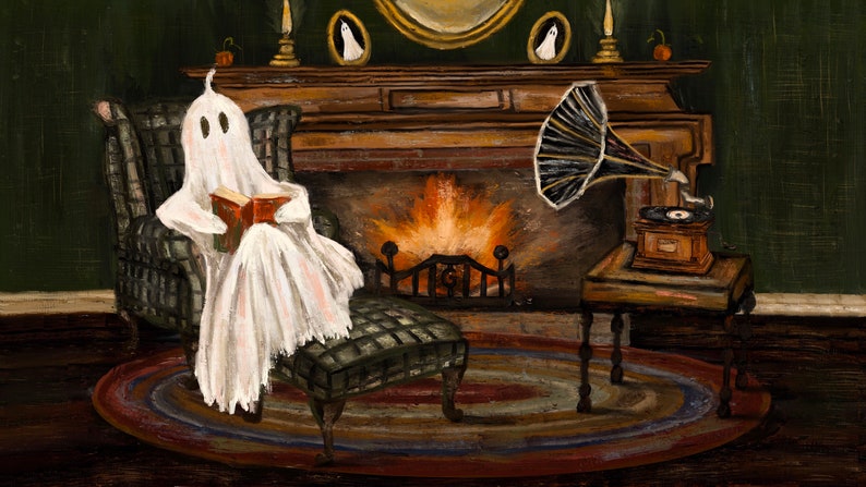 May include: A white ghost wearing a sheet sits in a plaid armchair reading a book in front of a fireplace with a roaring fire. A vintage gramophone sits on a table to the right of the fireplace.