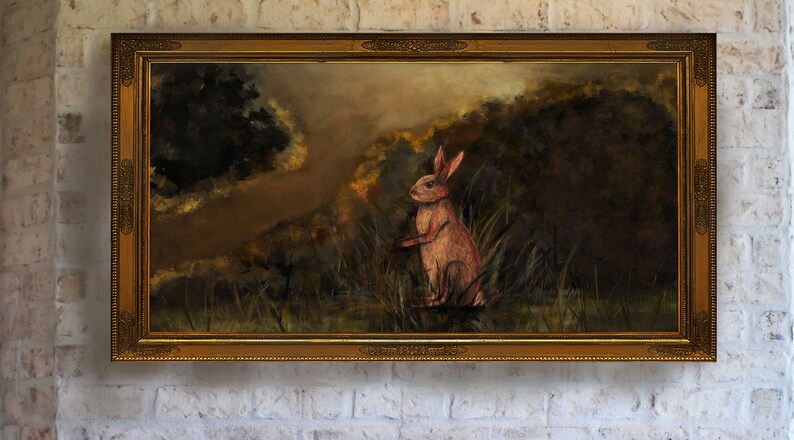 May include: A framed oil painting depicting a pink rabbit sitting in a field of tall grass. The background is a hazy forest with a dark green tree on the left side of the painting.