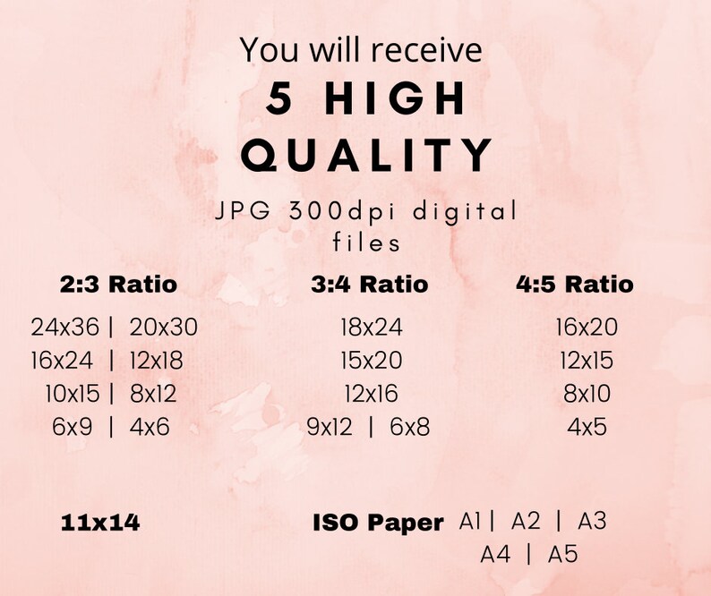 Puede incluir: Un fondo de acuarela rosa y blanco con texto que dice "You will receive 5 HIGH QUALITY JPG 300dpi digital files". El texto va seguido de una tabla con tres columnas etiquetadas como "2:3 Ratio", "3:4 Ratio" y "4:5 Ratio". Cada columna enumera diferentes tama&ntilde;os de imagen en pulgadas. La tabla tambi&eacute;n incluye una fila etiquetada como "ISO Paper" con los tama&ntilde;os A1, A2, A3, A4 y A5.