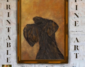 May include: A painting of a black dog with a brown and white background. The dog is looking to the left of the frame. The painting is in a gold frame. The text "salt meadow studio" is below the frame.