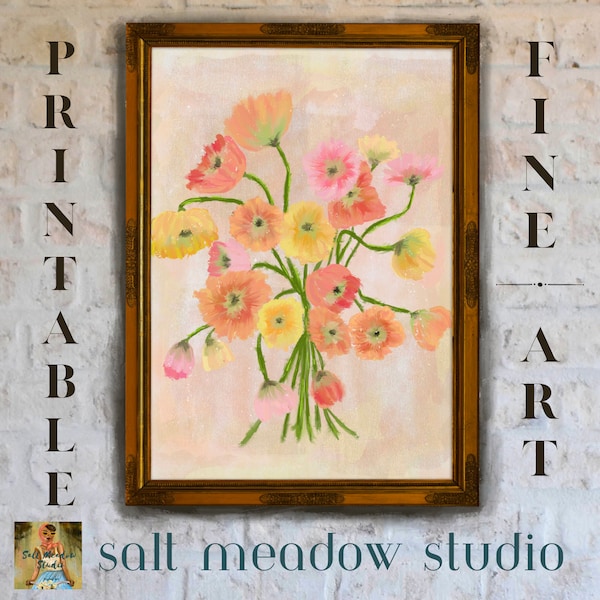 Floral Vol. i ~ Original artwork of a floral still life in a vintage style. Pink, yellow, peach, floral whimsical digital print.