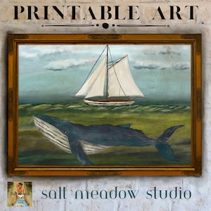 Vintage Nautical Seascape Art Print: Sailboat & Whale (Digital Download)