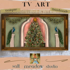 May include: A framed painting of a Christmas tree with peacocks on either side. The tree is decorated with white lights and red ornaments. The background is a pink and green color scheme. The painting is titled "TV Art" and is signed "Salt Meadow Studio".