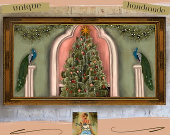Charleston Christmas Tree Frame TV Art: Palmetto & Peacock (Digital Download)