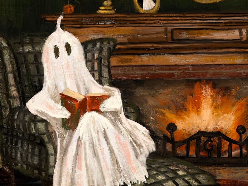 May include: A white ghost wearing a sheet sits in a plaid armchair by a fireplace. The ghost is reading a red book. The fireplace has a fire burning in it.