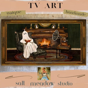May include: A painting of a ghost sitting in a chair by a fireplace, reading a book. The ghost is white and translucent, and the chair is plaid. There is a record player on a table to the right of the fireplace. The painting is framed in gold.