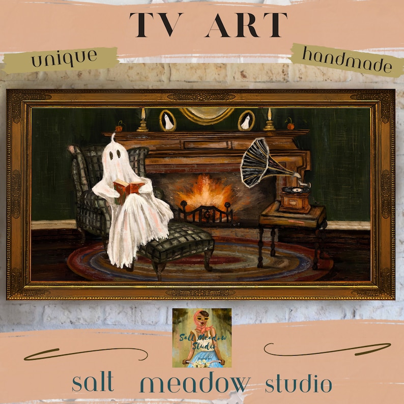 May include: A painting of a ghost sitting in a chair by a fireplace, reading a book. The ghost is white and translucent, and the chair is plaid. There is a record player on a table to the right of the fireplace. The painting is framed in gold.