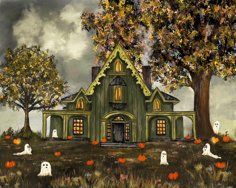 GHOST MANOR Whimsical Halloween Art With Cute Ghosts and - Etsy