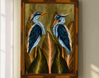 Blue Heron Coastal Art Print: Lush Botanical Landscape (Digital Download)