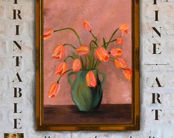 Tulip Still Life Art Print: Pink Floral in Green Vase (Digital Download)