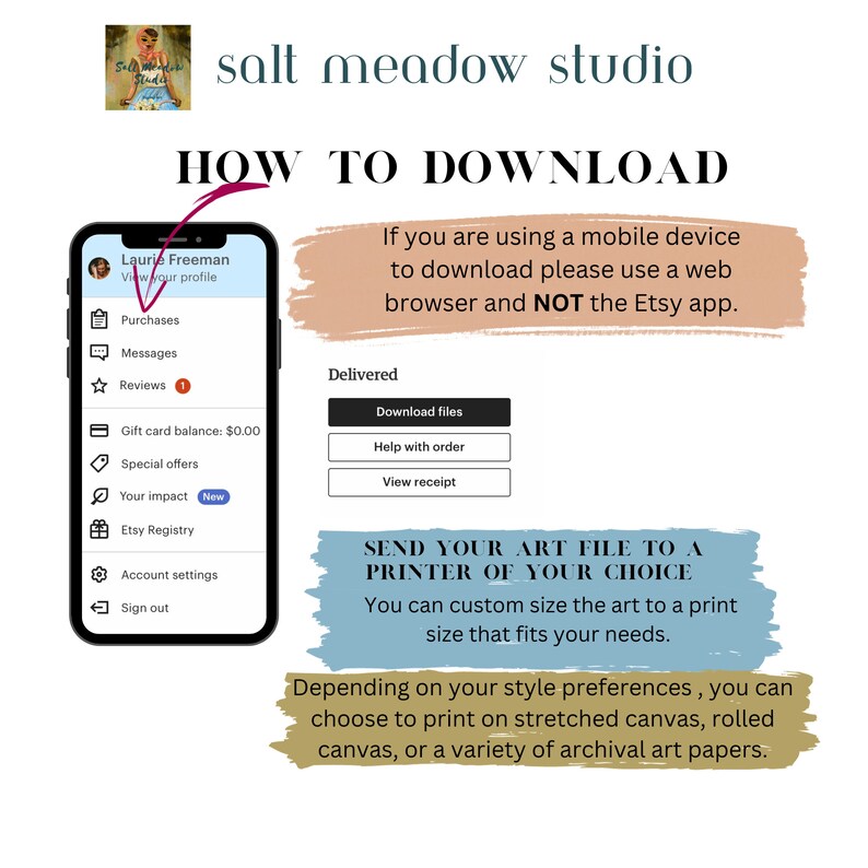 Puede incluir: Una captura de pantalla de una aplicaci&oacute;n m&oacute;vil de Etsy que muestra instrucciones sobre c&oacute;mo descargar un archivo de arte digital. El texto dice "ENV&Iacute;A TU ARCHIVO DE ARTE A UNA IMPRESORA DE TU ELECCI&Oacute;N. Puedes personalizar el tama&ntilde;o del arte para una impresi&oacute;n que se ajuste a tus necesidades."