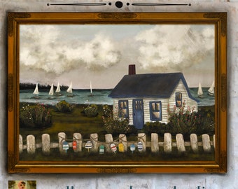 Maine Cottage & Sailboat Art Print: Rackliff Island Seascape (Digital Download)