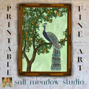 Vintage Botanical Art ~ PRINTABLE Wall Art ~ Peacock Art ~ Clementine Art Print ~ Orange Tree Painting ~ Downloadable Art Prints