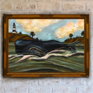 May include: A painting of a whale swimming in the ocean with a lighthouse in the background. The whale is black and has a white eye. The ocean is blue and green. The lighthouse is white with a black stripe.