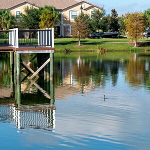 Peut inclure: Une jetée en bois avec une balustrade s'étend sur un lac calme avec un reflet de la jetée et des arbres environnants.