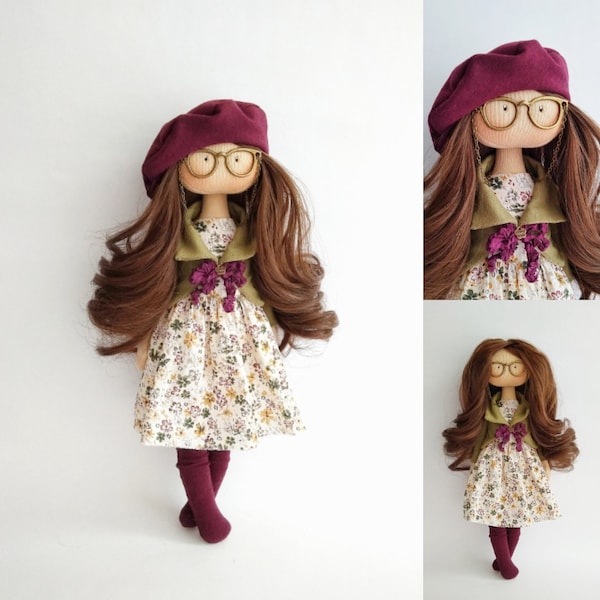 Brown Hair Doll Doll with glasses Art doll Textile doll Tilda doll The green doll Tissue doll Birthday gifts for children Personalized dolls