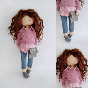 Gift for kids textile doll. Children room interior. Detachable clothes doll in trousers.