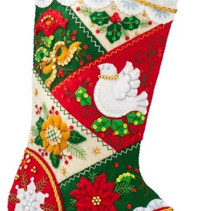 Elegant Patchwork Bucilla Felt Christmas Stocking, Finished, Holiday Christmas Stocking, Handmade