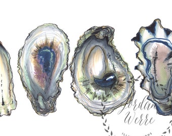 Oyster Wall Art Print, Oyster Shell Art, Coastal Kitchen Decor, Beach House Art