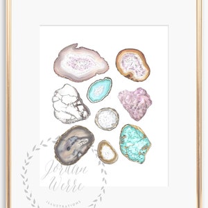 May include: A digital illustration of various agate slices in different colors and patterns, including pink, blue, brown, and white. The image is framed in a gold frame and includes the text "Jordan Werre Illustrations".