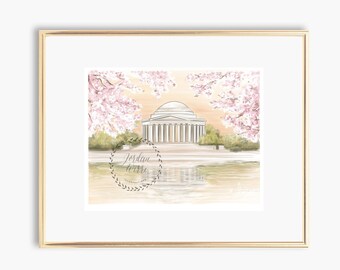 May include: A watercolour painting of the Jefferson Memorial in Washington, D.C. with cherry blossoms in the foreground. The memorial is white with a dome and columns. The water in front of the memorial is a light blue colour. The sky is a light orange colour. The cherry blossoms are pink and white.