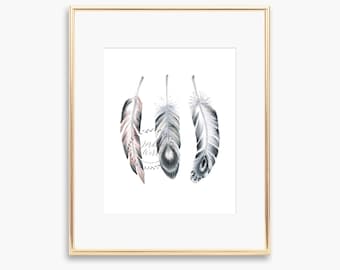 Three Feathers Print: Black and White Feather Wall Art