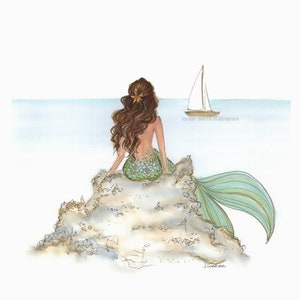 Mermaid Rock Brunette | Mermaid Art | Mermaid Decor | Mermaid Wall Art | Mermaid Print | Mermaid Art Print | Bathroom Art | Coastal Wall Art