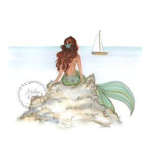 Mermaid Rock Red Head | Mermaid Art | Mermaid Decor | Mermaid Wall Art | Mermaid Print | Mermaid Art Print | Bathroom Art | Coastal Wall Art