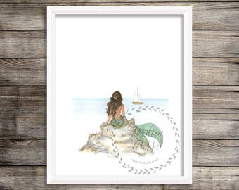 Mermaid Rock Brunette | Mermaid Art | Mermaid Decor | Mermaid Wall Art | Mermaid Print | Mermaid Art Print | Bathroom Art | Coastal Wall Art