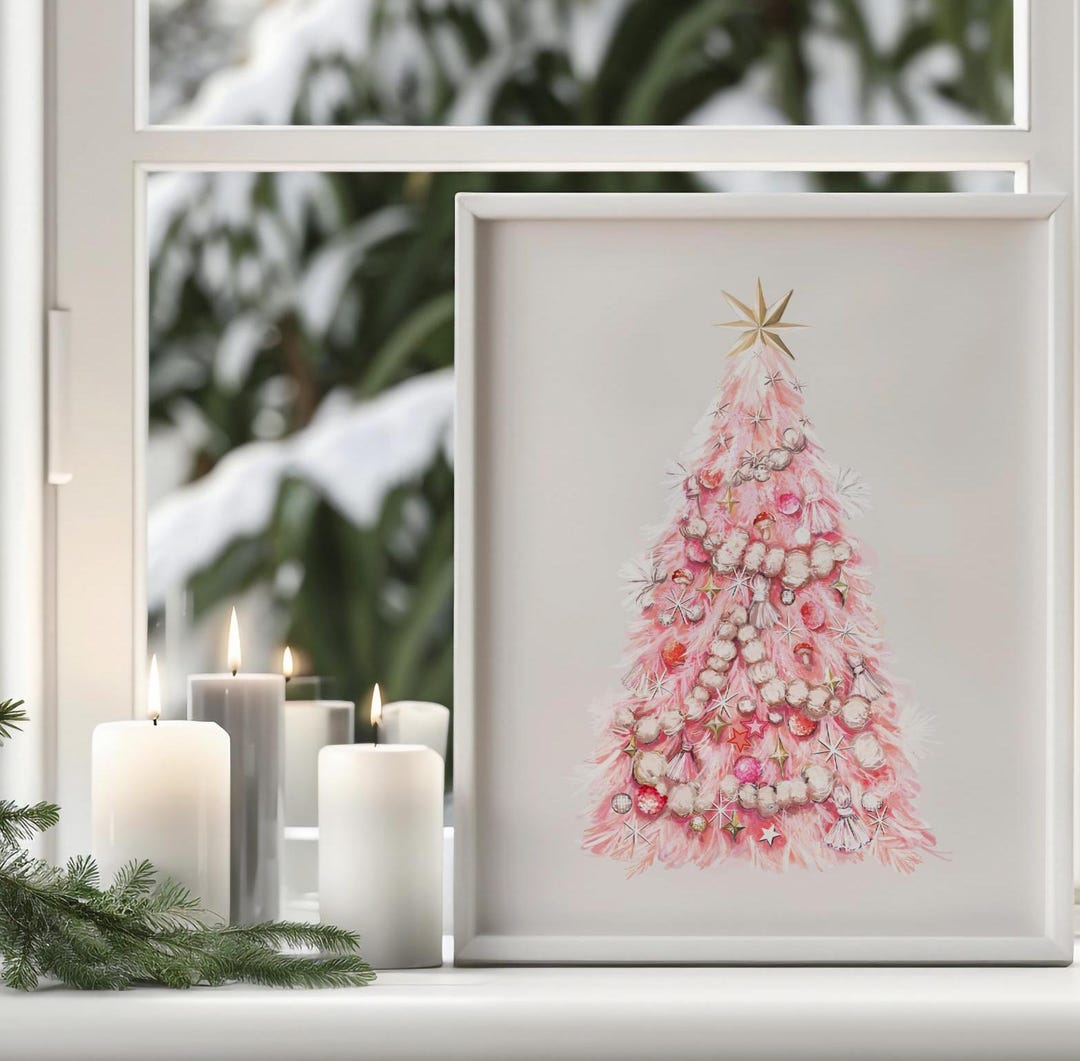Whimsical Pink Christmas Tree Art Print | Festive Holiday Wall Decor - Etsy