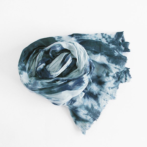 Dark Teal Navy Indigo Denim Pale Sky Blue Tie Dye Unisex Cotton Scarf Very Long Handpainted Oversized Lightweight Dip Dye Wrap Shawl OOAK