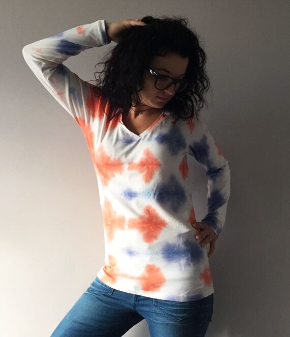 Shibori Orange Purple Blouse Womens Tie Dye Top Hand Dyed Etsy