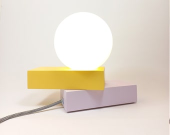 Geometric mid century lamp, unique design and handmade home lighting, wood and glass, warm light #KONTXITA