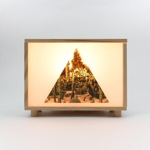 collage in wooden led light box, pleasant warm nigh light, pinewood lamp, table lamp, wooden led light box, art collage, led lamp, WINDOW image 1