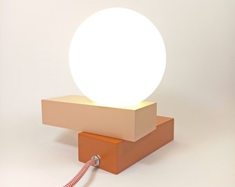 Geometric mid century lamp, sculpture KONTXITA. unique design and handmade home lighting, wood and glass, warm light. Led bulb included.